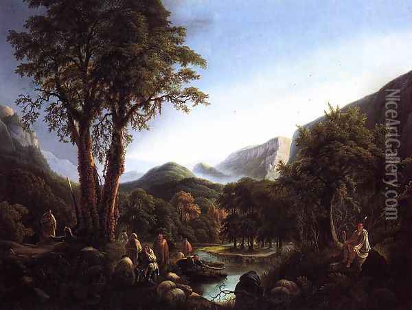 A Gathering of Indians in a Primeval Landscape Oil Painting - Martin Andreas Reisner