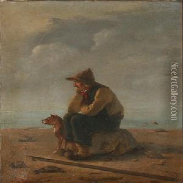 A Fisherman And His Do, Looking Out Over The Ocean Oil Painting - Christian Andreas Schleisner