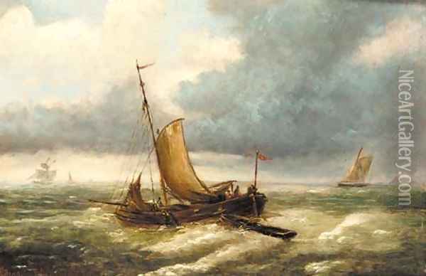 A fishing boat in choppy waters with other boats beyond Oil Painting - Louis Verboeckhoven
