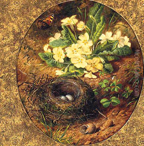 Primulas, a Snail's Shell, a Bird's Nest with Eggs and a Butterfly Oil Painting - Alfred R. Barber