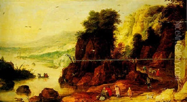 A Mountainous River Landscape With Travellers In The Foreground Oil Painting - Joos de Momper the Younger
