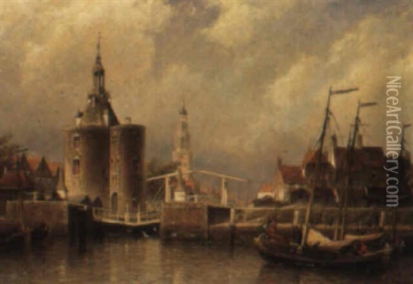 A View In Enkhuizen With The Dromedaris Oil Painting - Cornelis Christiaan Dommelshuizen
