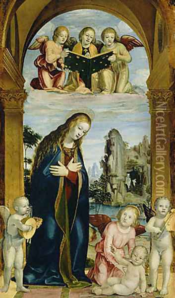 Madonna Adoring the Child with Musical Angels Oil Painting - Bernadino Zenale