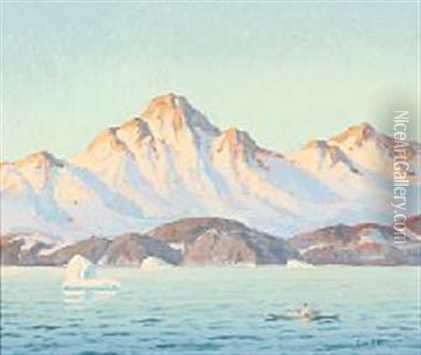Golden Sunbeams Reflecting In The Mountains On Greenland Oil Painting - Emanuel A. Petersen
