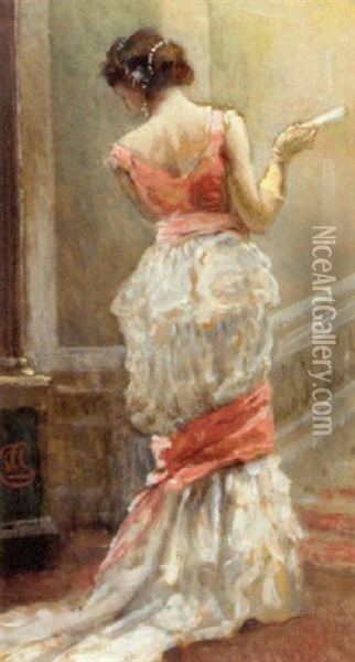 Portrait Of A Lady In A White Dress, Holding A Fan, By A Staircase Oil Painting - Albert Ludovici Jr.