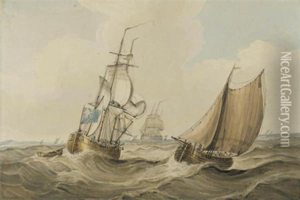 A Cutter Passing A Royal Navy Storeship In A Swell Oil Painting - John the Younger Cleveley