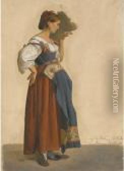 An Italian Woman In Local Costume In Profile To The Right Oil Painting - Theodor Leopold Weller