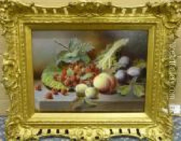 Still Life Of Raspberries In A Cabbage Leaf, With Other Fruit Nearby Oil Painting - Oliver Clare