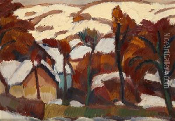 A Winter Village Scene Oil Painting - Karel Bohacek