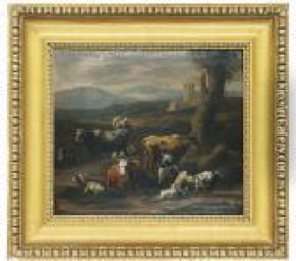 A Shepherd And Milk Maid With Their Flocks In An Italianate Landscape Oil Painting - Nicolaes Berchem