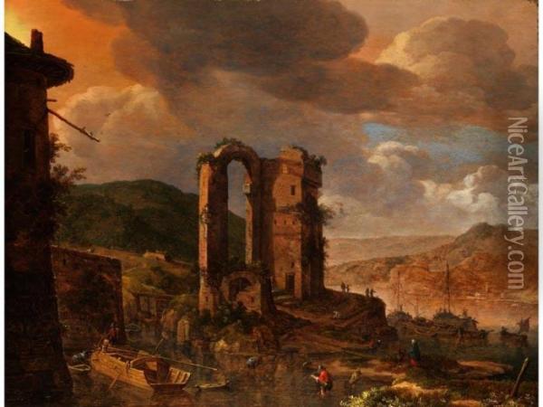Landschaft Mit Romischer Ruine 
Uber Einem Flusstal Mit Blick Auf Ferne Hugel Und Gebauden Am Ufer Oil Painting - Herman Saftleven