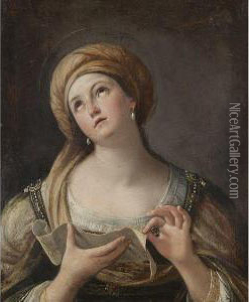 A Sibyl, Half Length, Holding A Cartellino Oil Painting - Giovanni Andrea Sirani
