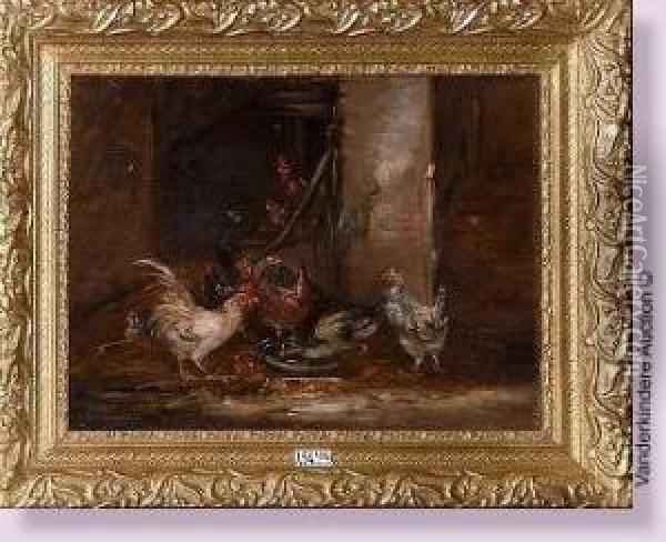 Coq Et Poules Dans La Grange Oil Painting - Claude Guilleminet