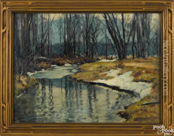 Reflections: Study For Melting Ice-floes Ausable River Keene Valley N.y. Oil Painting - John Fabian Carlson