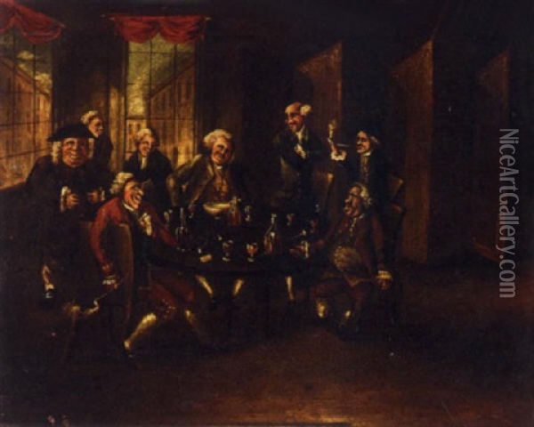 Gentlemen Drinking Wine In Their Club Oil Painting - Thomas Patch