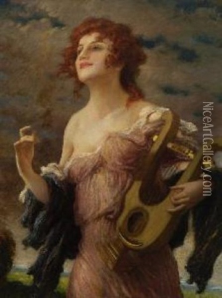 Junge Frau Mit Lyra Oil Painting - Leopold Schmutzler