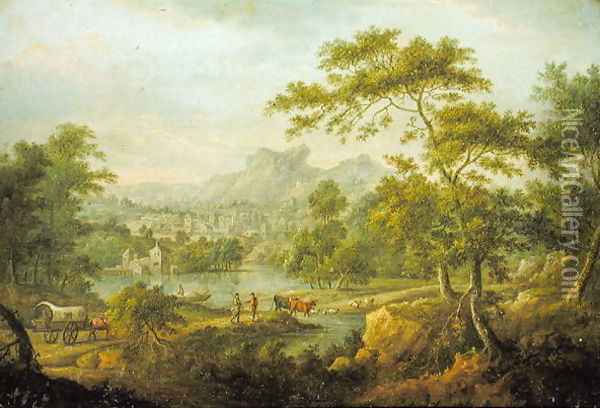 An Imaginary Landscape with a Wagon and a Distant View of a Town Oil Painting - Thomas Smith of Derby