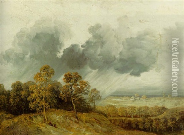 A Rainstorm Over A Wooded Hillside Oil Painting - Georges Michel