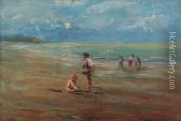 Bambini Sulla Spiaggia Oil Painting - Lidio Ajmone