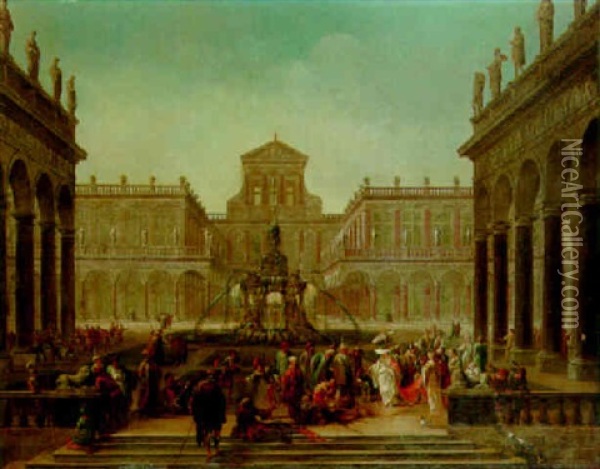 The Courtyard Of A Baroque Palace With An Oriental Queen And Other Figures Oil Painting - Jacob Ferdinand Saeys