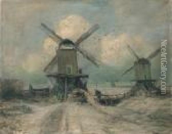 Windmills In An Extensive Winter Landscape Oil Painting - Louis Apol
