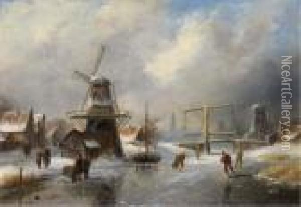 Overtoom Bij Amsterdam: Skaters On A Frozen Canal Oil Painting - Charles Henri Leickert