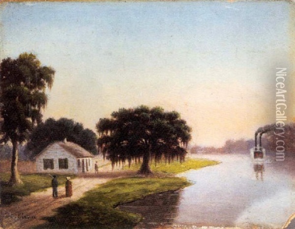 On The Bayou, Rural Louisiana Landscape With Steamboat Oil Painting - Charles Giroux