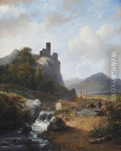 A German Landscape With A Ruin Oil Painting - Andreas Schelfhout