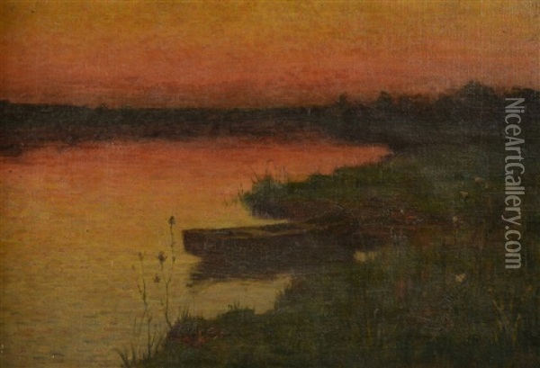 French River Landscape At Sunset With Punt Oil Painting - Hugh Henry Breckenridge