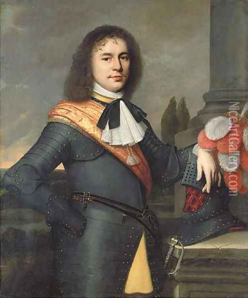 Portrait of a gentleman, three-quarter-length, in armour with an orange silk sash, resting his hand on his helmet, a landscape beyond Oil Painting - Pieter Nason