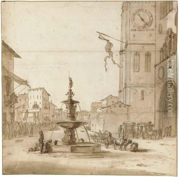 A View Of The Piazza Del Duomo, 
Messina, With The Fountain Oforion, The Cathedral To The Right Oil Painting - Willem Schellinks