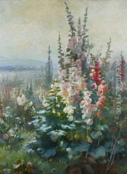 Roses Tremieres Oil Painting - Claudia-Julia Bret-Charbonnier