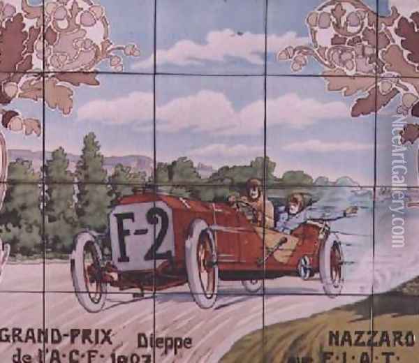 Nazzaro driving a Fiat car in the French Grand Prix of 1907 at Dieppe Oil Painting - Ernest Montaut