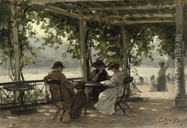 On A Terrace Under A Pergola Near The River Rhine, Cochum Oil Painting - Philip Lodewijk Jacob Frederik Sadee