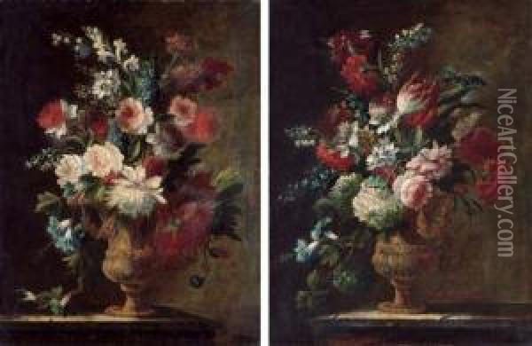 Carnations, Morning Glory, 
Marigolds, Roses And Other Flowers In A Sculpted Urn On A Stone Ledge; 
And Carnations, Morning Glory, Snowballs, A Tulip And Other Flowers In A
 Sculpted Urn On A Stone Ledge Oil Painting - Karel Van Vogelaer, Carlo Dei Fiori