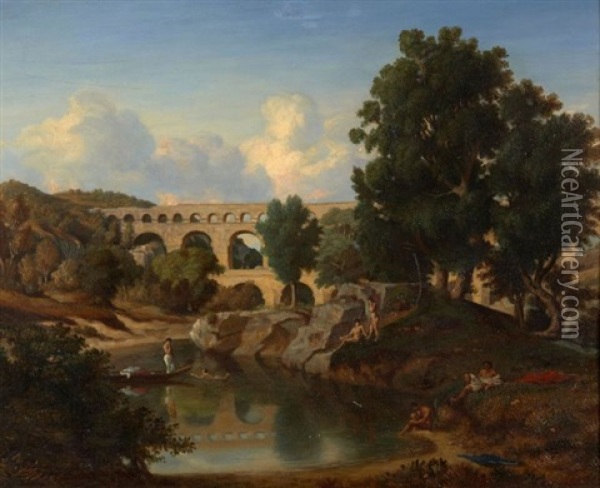 Baigneurs Au Pied Du Pont Du Gard Oil Painting - Antoine Claude Ponthus-Cinier