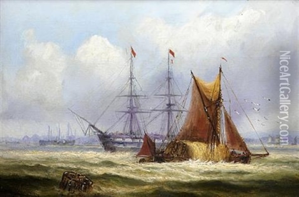 A Haybarge Passing A Warship In The Medway With Chatham Dockyard Beyond Oil Painting - George William Crawford Chambers
