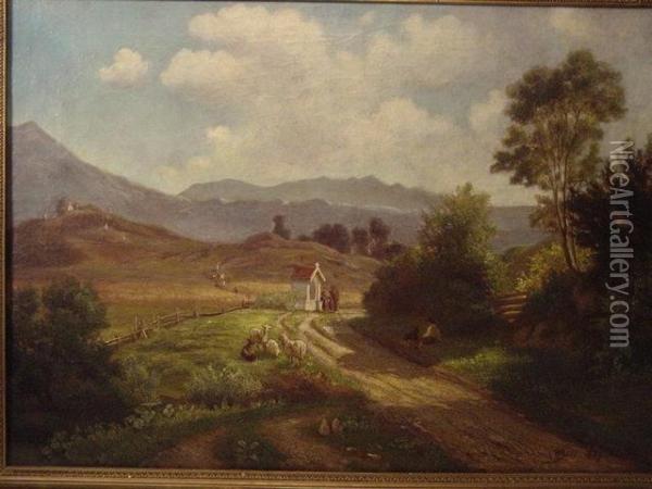 Bode,romant. Landschaft Mit Personen Und Schafe Oil Painting - Wilhelm Bode