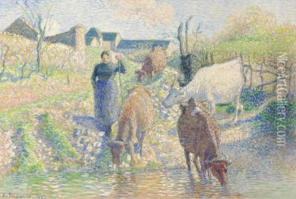 Vaches S'abreuvant Dans Un Ruisseau, Osny Oil Painting - Camille Pissarro