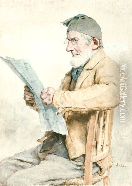 Farmer From Ins Reading The Newspaper Oil Painting - Albert Anker