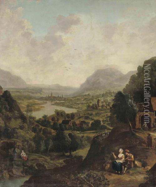 A Rhenish River Landscape With Figures Travelling And Conversing Beside A Track, A City Beyond Oil Painting - Jan Griffier I