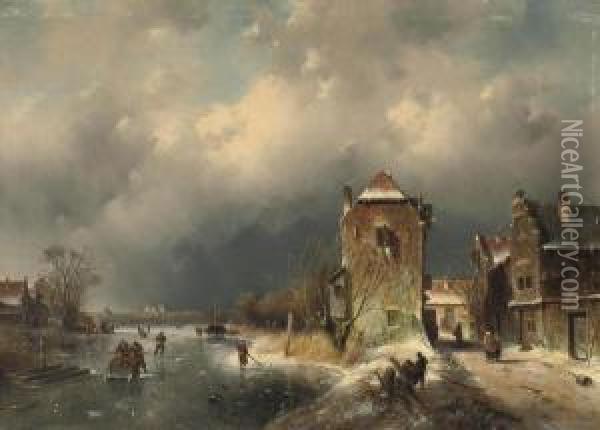A Village With Skaters On A Frozen Waterway Oil Painting - Charles Henri Leickert