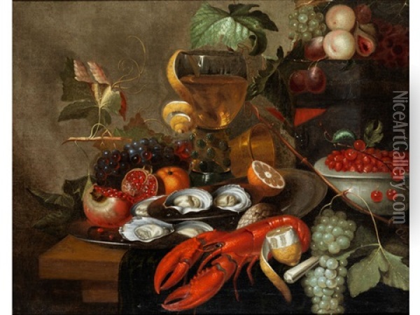 Grosses Prunkstillleben Mit Fruchten, Austern Und Hummer Oil Painting - Martinus Nellius