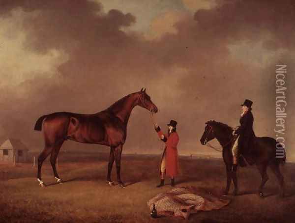 Bay Horse with groom on Newmarket Heath Oil Painting - Henry Bernard Chalon