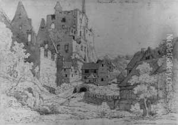 Die Ruine Balduinstein An Der Lahn Von Westen (verso Felslandschaft Mit Wasserfall Und Friedhofskapelle). Oil Painting - Johann Adolf Lasinsky