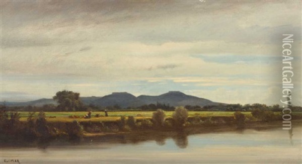 Flusslandschaft Mit Erntefeld Und Hugelkette Oil Painting - Edouard Auguste Imer