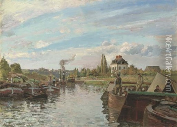 Peniches Sur La Seine A Bougival Oil Painting - Camille Pissarro