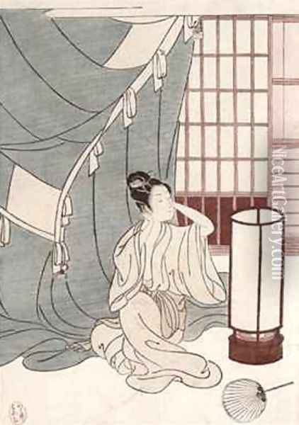 Young woman kneeling by her mosquito net Oil Painting - Suzuki Harunobu
