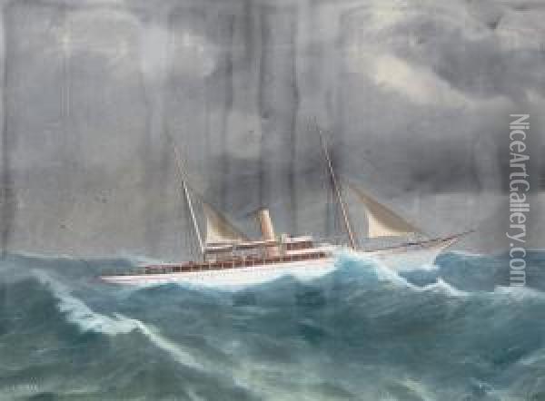 The Steam Yacht 
Beryl 
 Riding The Ocean Swell Oil Painting - Antonio de Simone