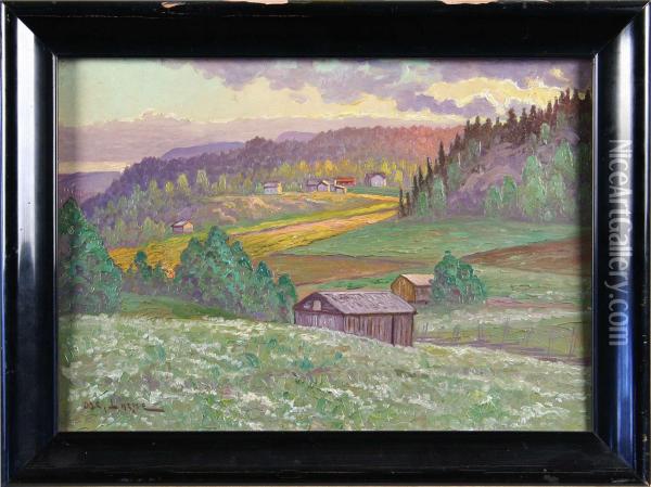 Landskap Med Stugor, Signerad Osc. Lycke Oil Painting - Oscar Lycke